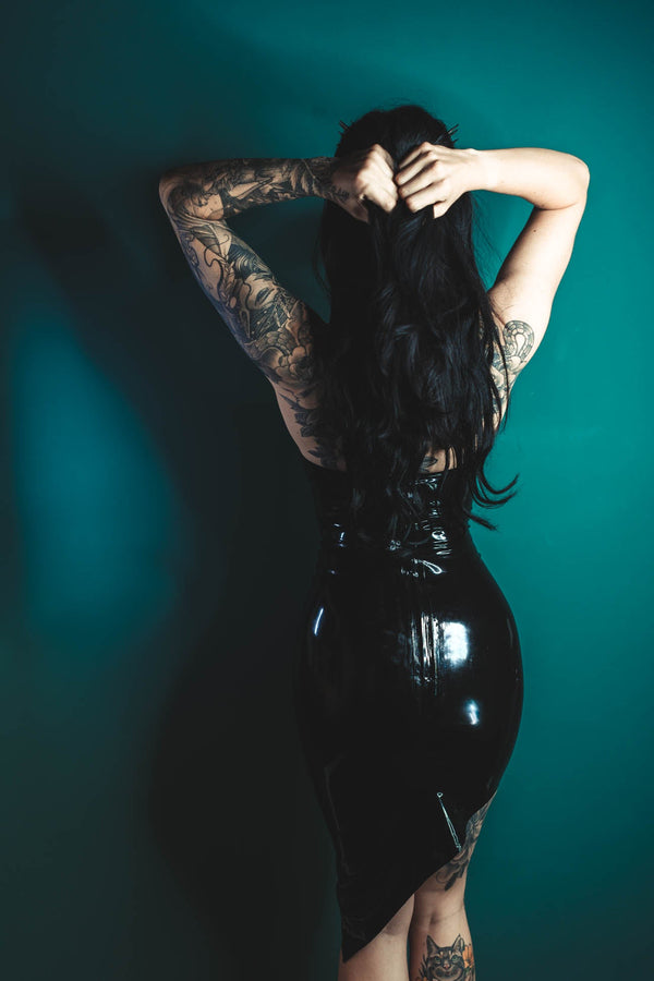 Amelia Latex asymmetrical hem halter dress in Black.