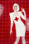Latex Nurse dress pencil skirt in white with red cross.