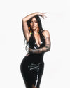 Amelia Latex asymmetrical hem halter dress in Black.