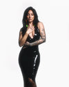Amelia Latex asymmetrical hem halter dress in Black.