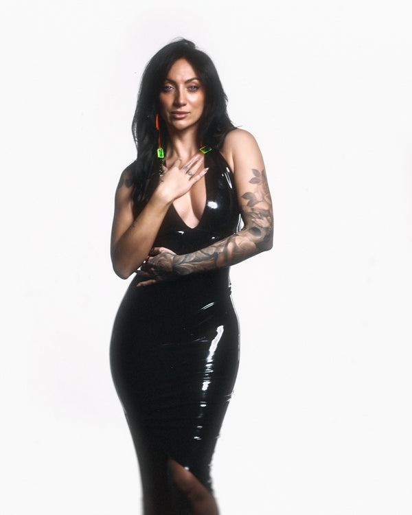 Amelia Latex asymmetrical hem halter dress in Black.