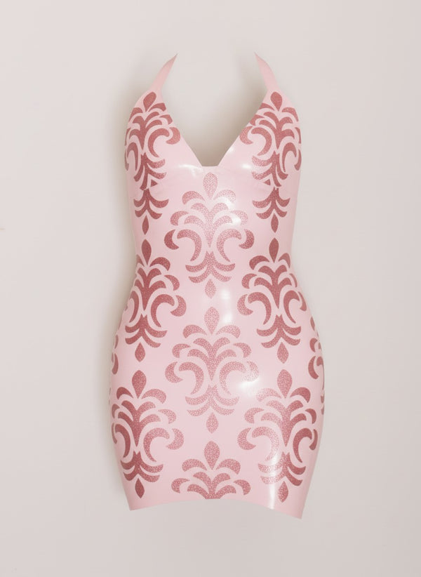 Latex Damask Dress in Baby Pink and Dusty Pink glitter.