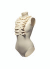 Latex Felice bodysuit with high neck ruffle, in White. Cover buttons.