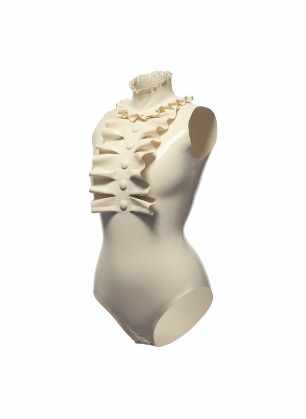 Latex Felice bodysuit with high neck ruffle, in White. Cover buttons.