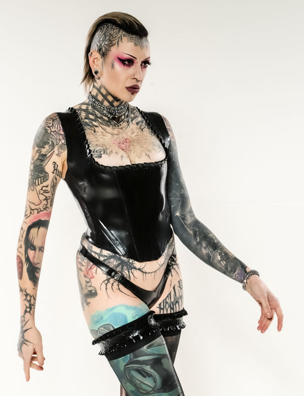 Kaydie Ruffled neck line corset top in Black, Lace up back.