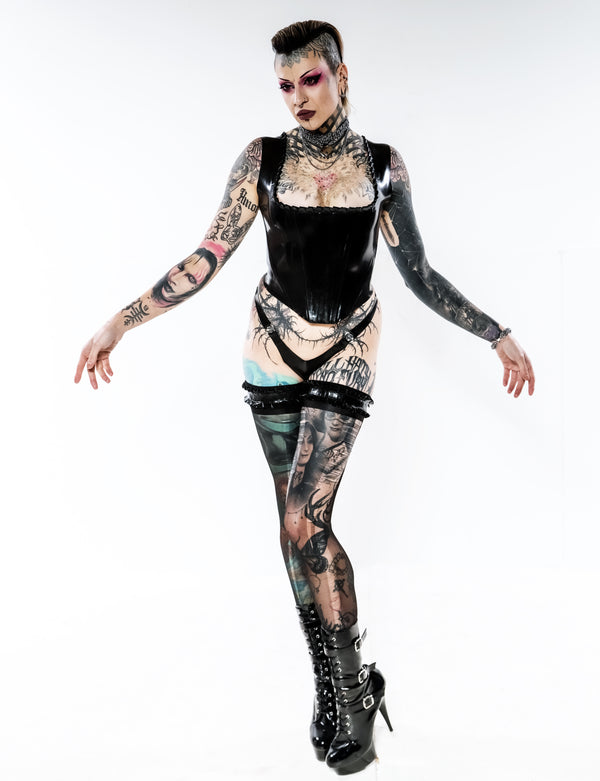 Kaydie Ruffled neck line corset top in Black, Lace up back.