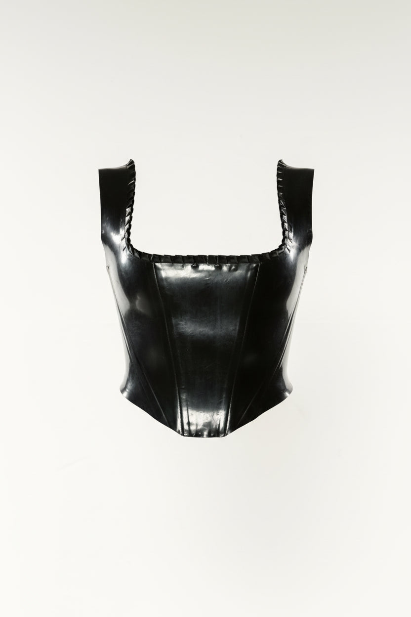 Kaydie Ruffled neck line corset top in Black, Lace up back.