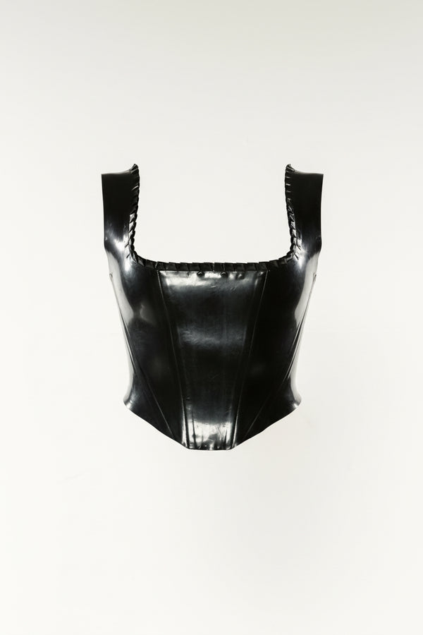 Kaydie Ruffled neck line corset top in Black, Lace up back.
