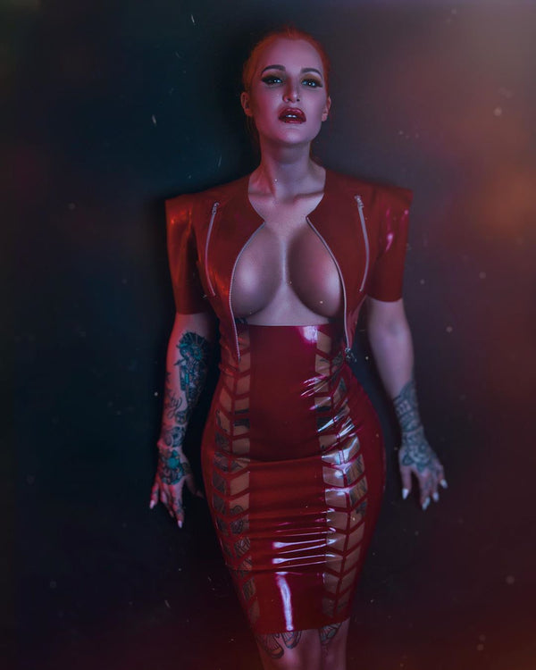 Latex Chevron see through Pencil Skirt in red and translucent natural.