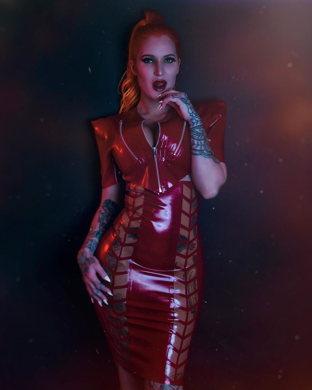 Latex Chevron see through Pencil Skirt in red and translucent natural.