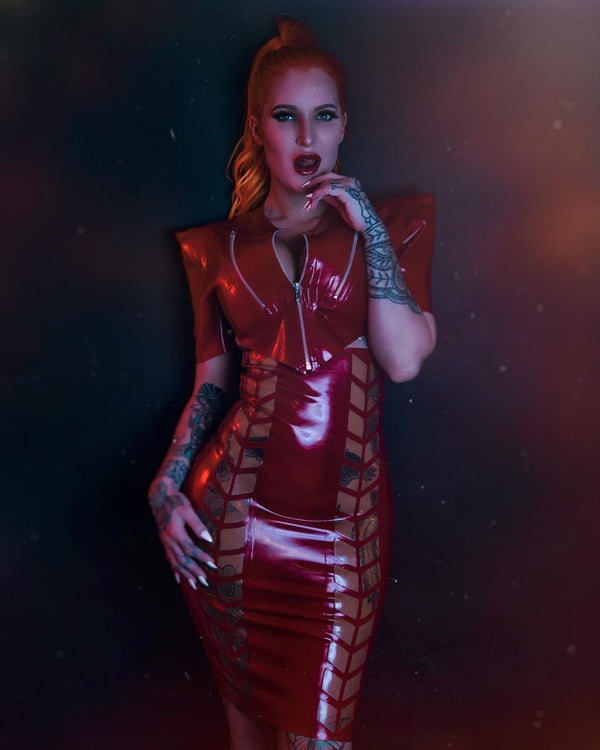 Latex Chevron see through Pencil Skirt in red and translucent natural.