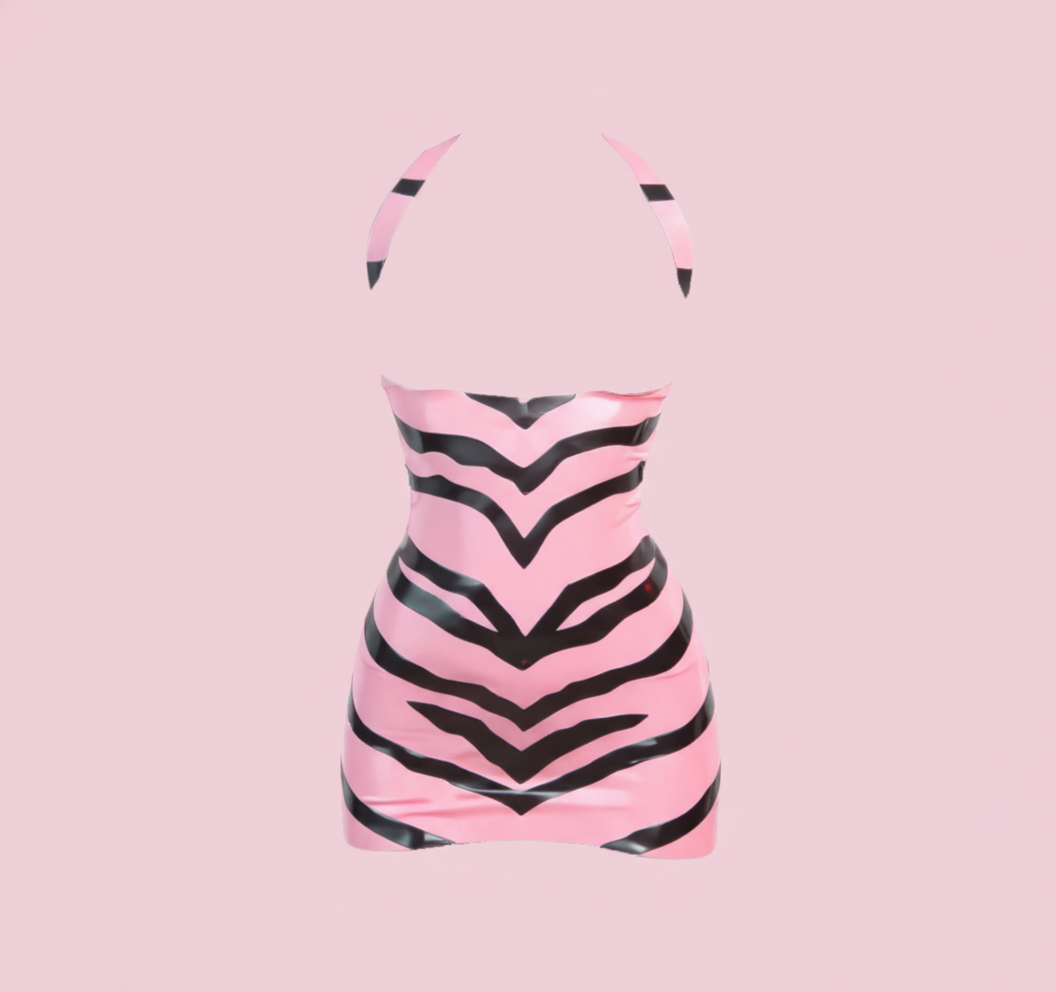 Latex Pink Zebra halter neck mini dress in Bubblegum Pink and Black.