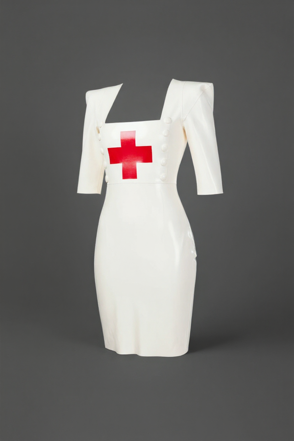 Latex Nurse dress pencil skirt in white with red cross.
