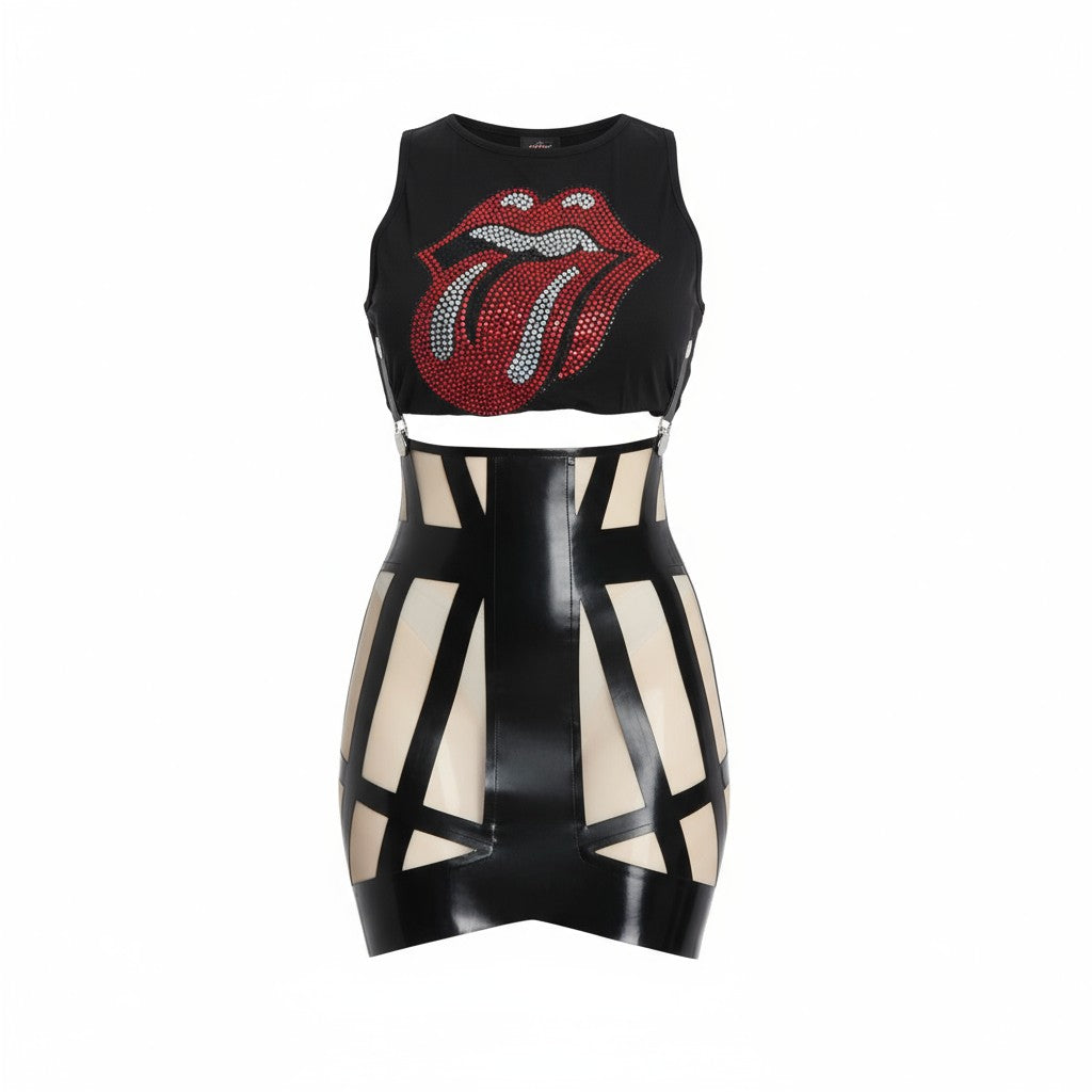 Latex Cage Skirt with braces in Black and translucent natural.