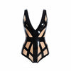 Latex Cage bodysuit in Black and Translucent Natural.