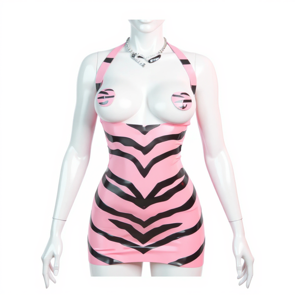 Latex Pink Zebra halter neck mini dress in Bubblegum Pink and Black.