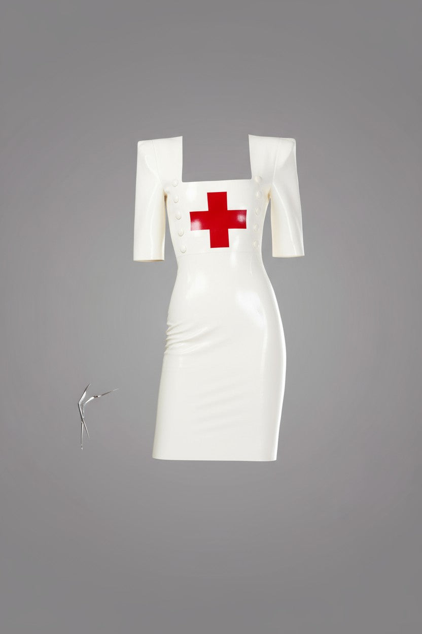 Latex Nurse dress pencil skirt in white with red cross.