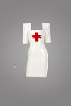 Latex Nurse dress pencil skirt in white with red cross.