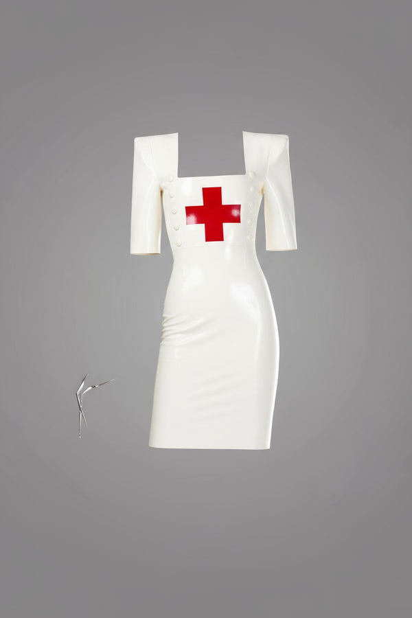 Latex Nurse dress pencil skirt in white with red cross.