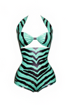 Latex Zebra bodysuit Playsuit in Jade Green and Metallic Purple.
