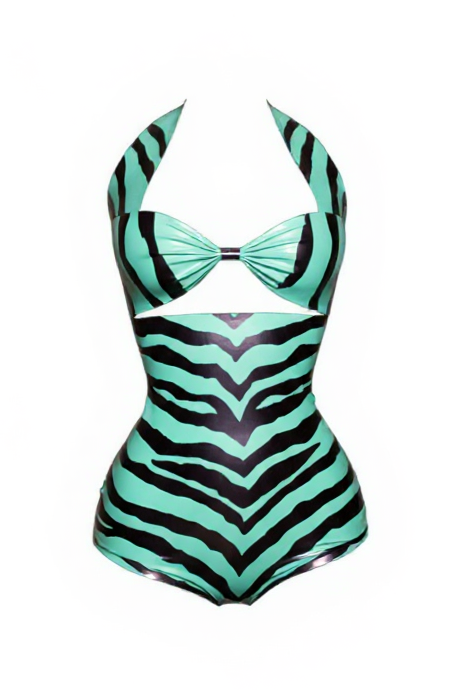 Latex Zebra bodysuit Playsuit in Jade Green and Metallic Purple.