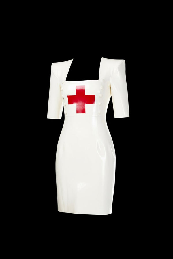 Latex Nurse dress pencil skirt in white with red cross.