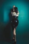 Amelia Latex asymmetrical hem halter dress in Black.