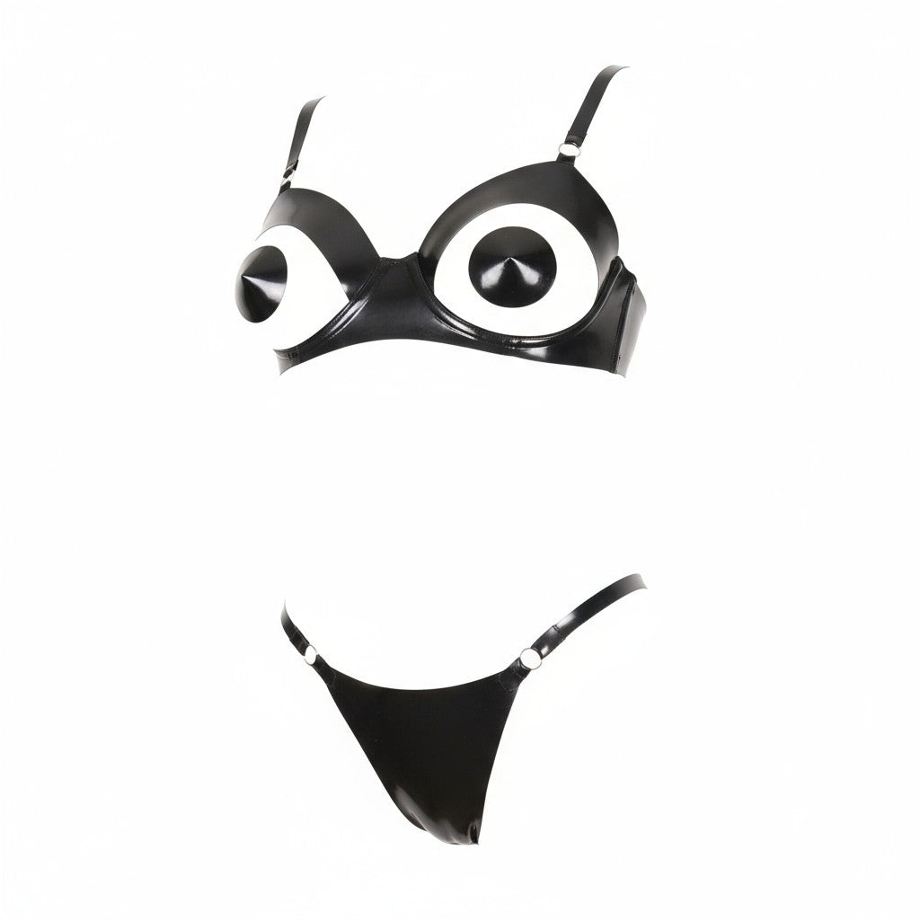 Latex Nola open cup underwired bra in Black and Silver.