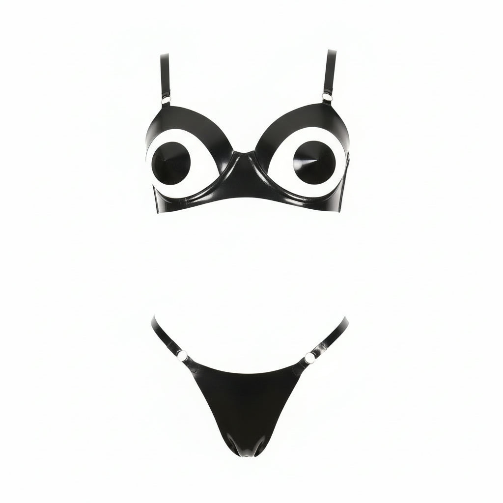 Latex Nola open cup underwired bra in Black and Silver.