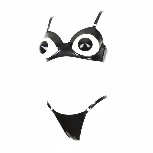 Latex Nola open cup underwired bra in Black and Silver.