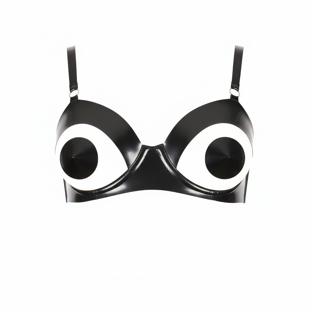 Latex Nola open cup underwired bra in Black and Silver.