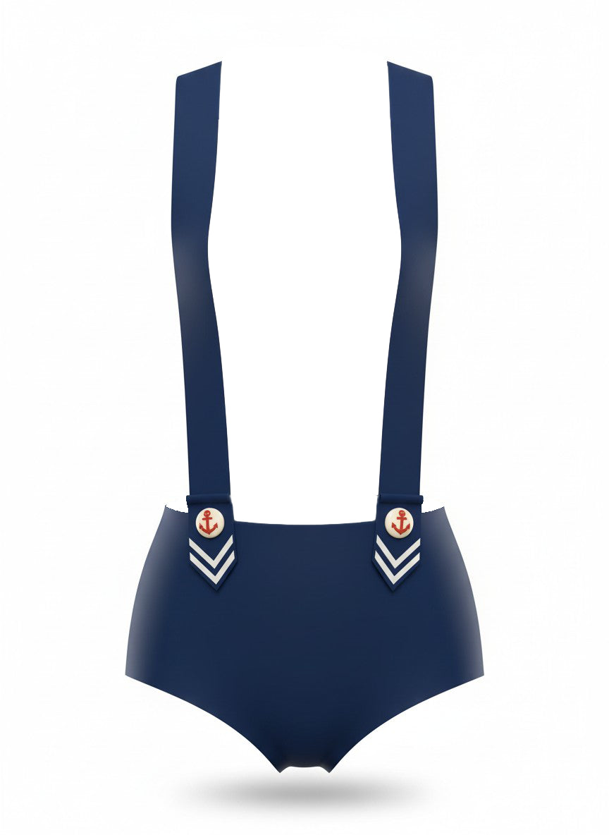 Latex Sailor girl Hot pants with braces in Nightshade Blue.