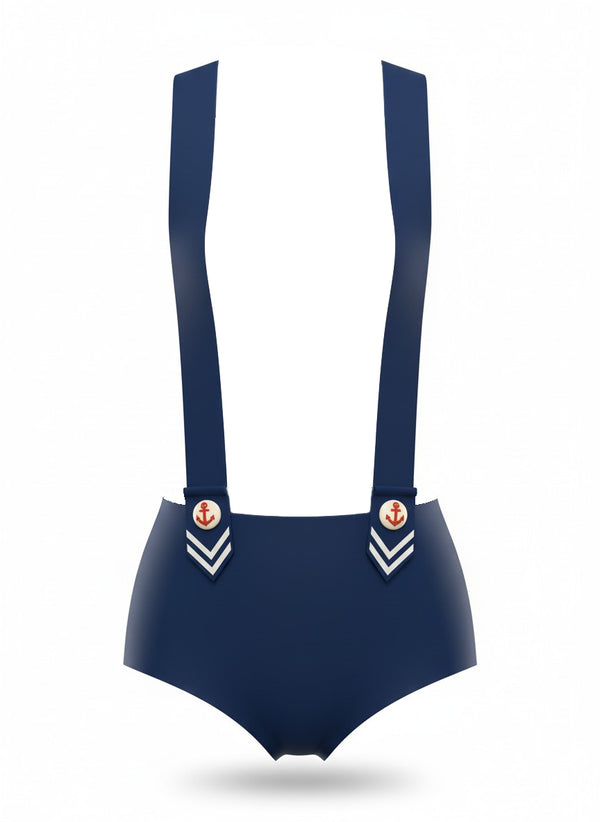 Latex Sailor girl Hot pants with braces in Nightshade Blue.