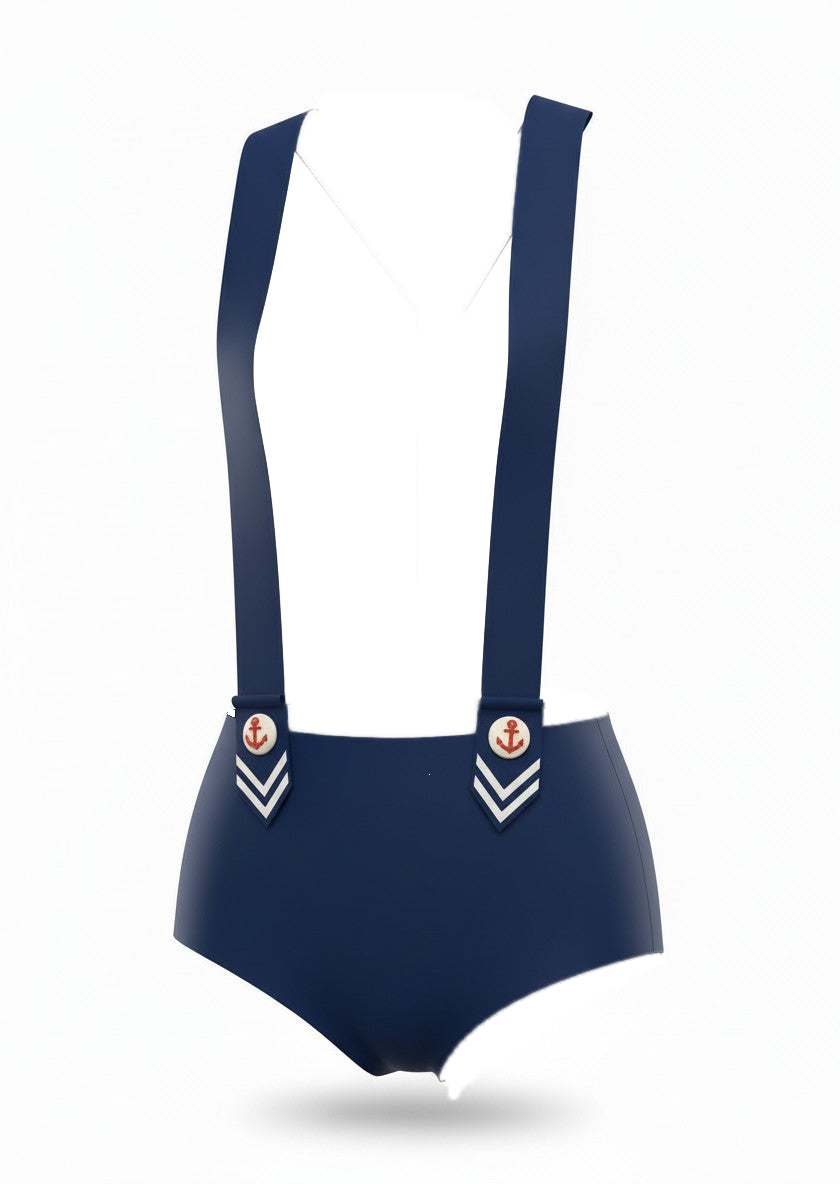Latex Sailor girl Hot pants with braces in Nightshade Blue.