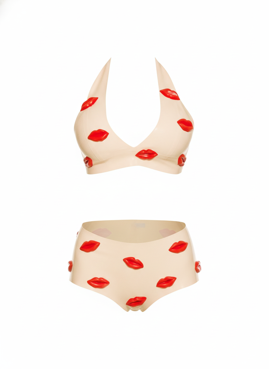 Latex Hot Lips Bikini top in White with Red latex 3D lips.