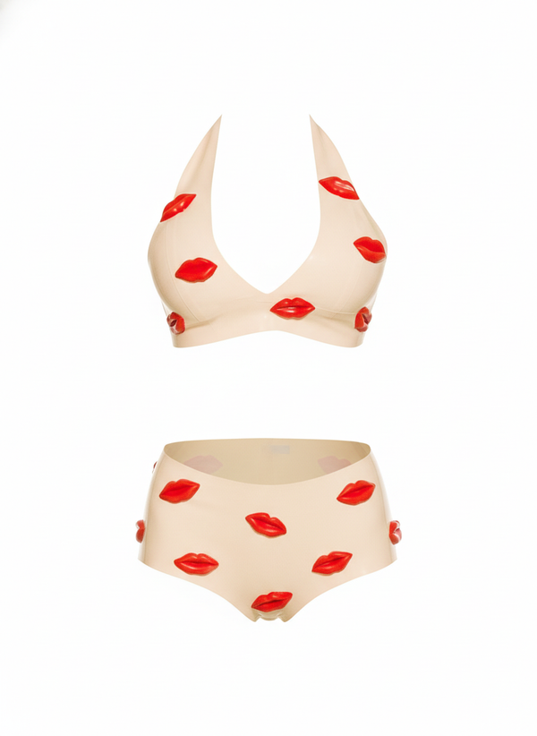 Latex Hot Lips Bikini top in White with Red latex 3D lips.