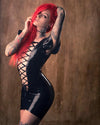 Latex Front lace up Mini dress in Red or Black velvet ribbon.