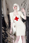 Latex Nurse dress pencil skirt in white with red cross.