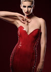 Latex Velda dress with side lace up in Red and vintage gold colour.
