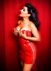 Latex Velda dress with side lace up in Red and vintage gold colour.
