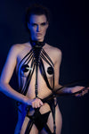 Latex Reina body harness in Black and Silver.