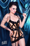 Latex Cage Mini dress in Black and Translucent Natural with suspender belts.