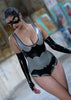 Latex Bat girl bodysuit in Silver and Black.