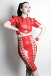 Latex Chevron see through Pencil Skirt in red and translucent natural.