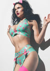 Latex Leopard bikini top Bra in Jade green and hot pink.